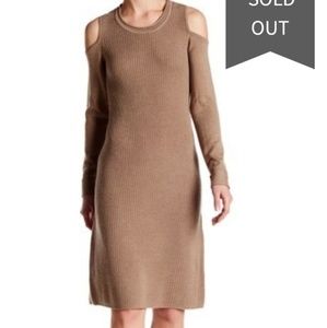 Tahari cold shoulder sweater brown merino wool midi dress long sleeve.XL
